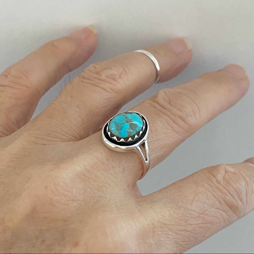 Sterling Silver Round Genuine Turquoise Ring, Stone Ring, Silver Ring, Boho Ring - Picture 2 of 13